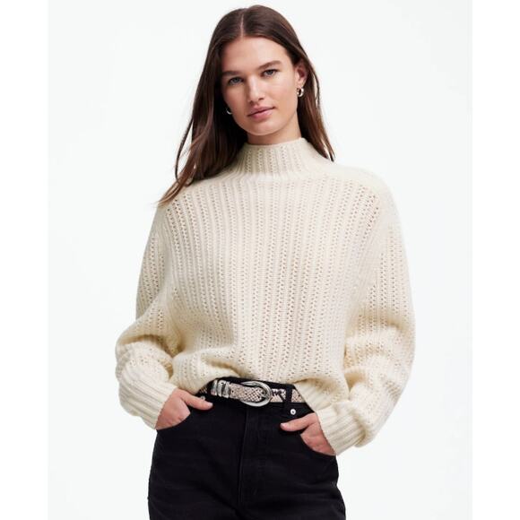 Madewell Pointelle-Stitch Mock Neck Sweater WMNS S Cream Merino Wool Relaxed Fit - Picture 1 of 9